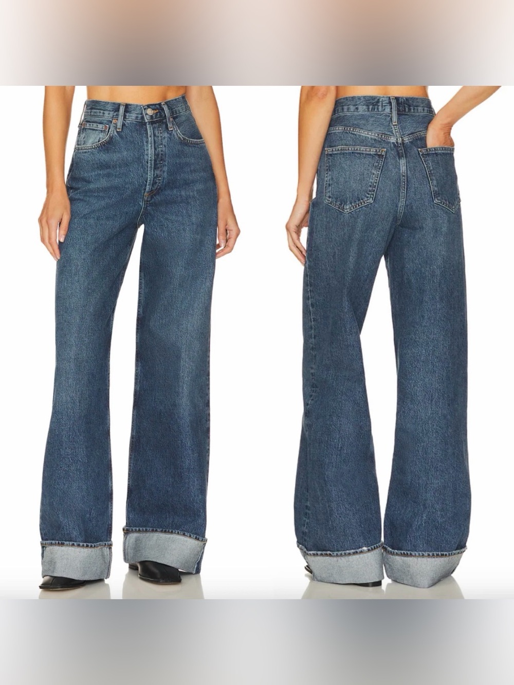 AGOLDE Women 26 Dame Wide Leg Jeans Button Fly Cuffed Hem Medium Wash Denim